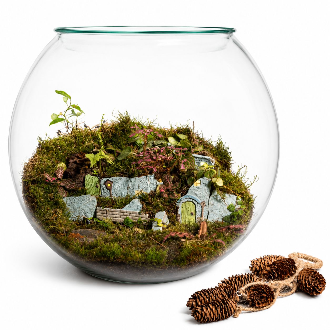 Enchanted Woodland Cottage Terrarium – Mini Moss Village Ecosystem 35x40cm