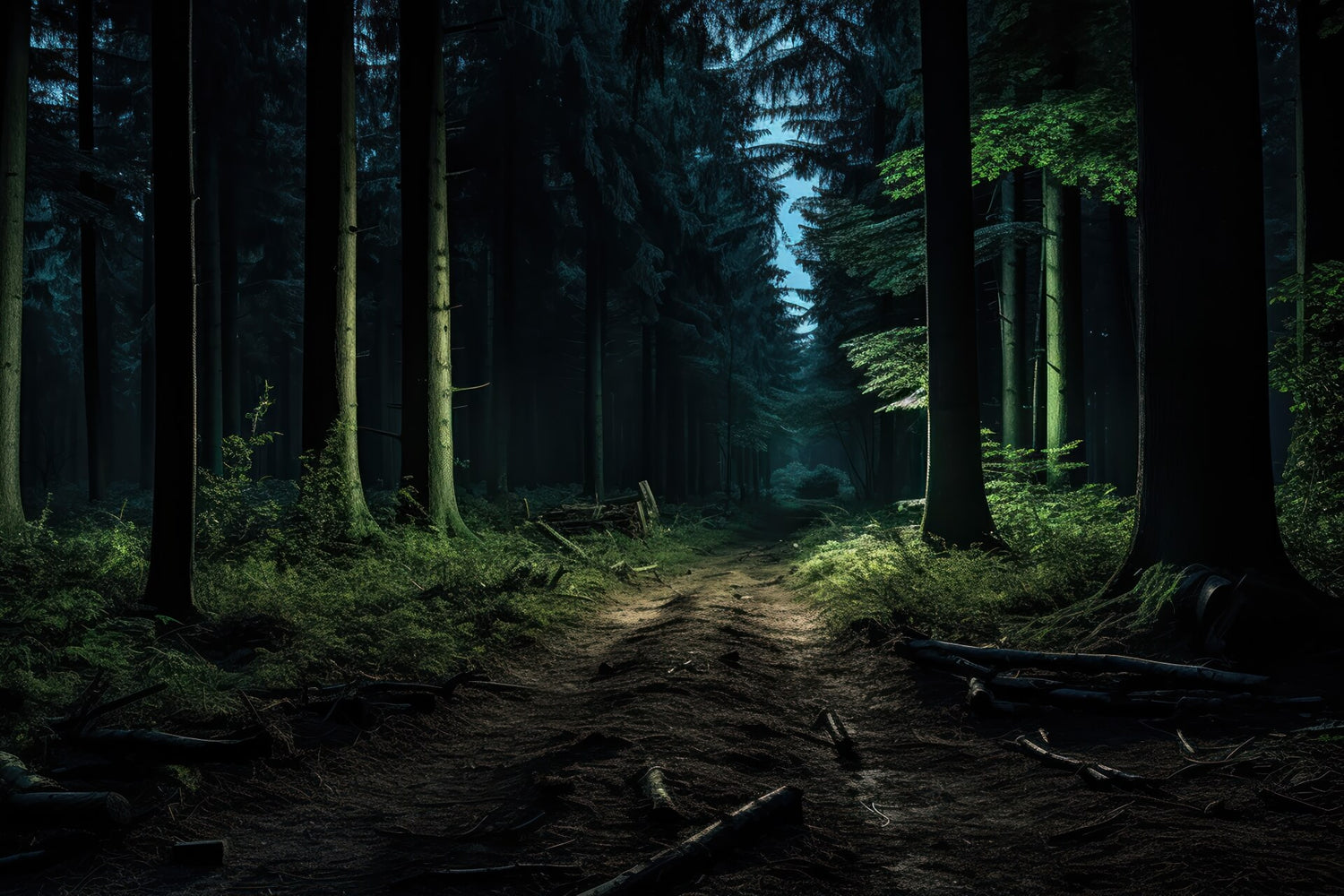 Dark Forest With Pathway Through Trees