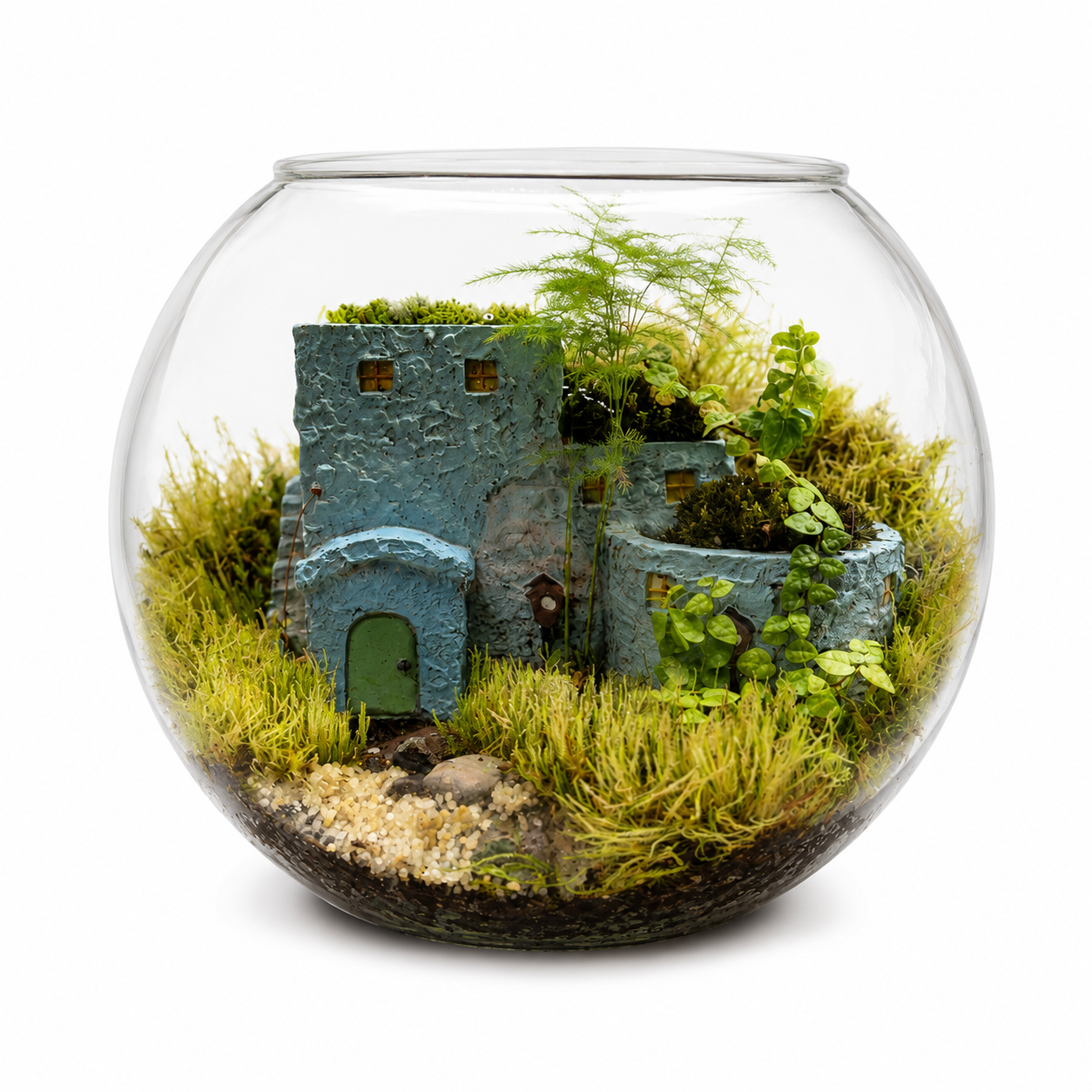 Asparagus Fern Cottage Closed Terrarium – Miniature Mediterranean Village in Glass