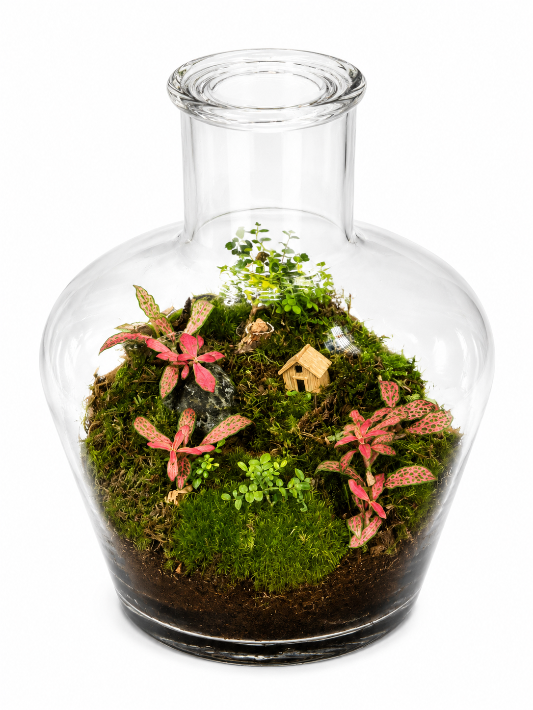 Pink Fairy Garden Closed Terrarium Ecosystem – Mini Moss Cottage Landscape 35x30cm